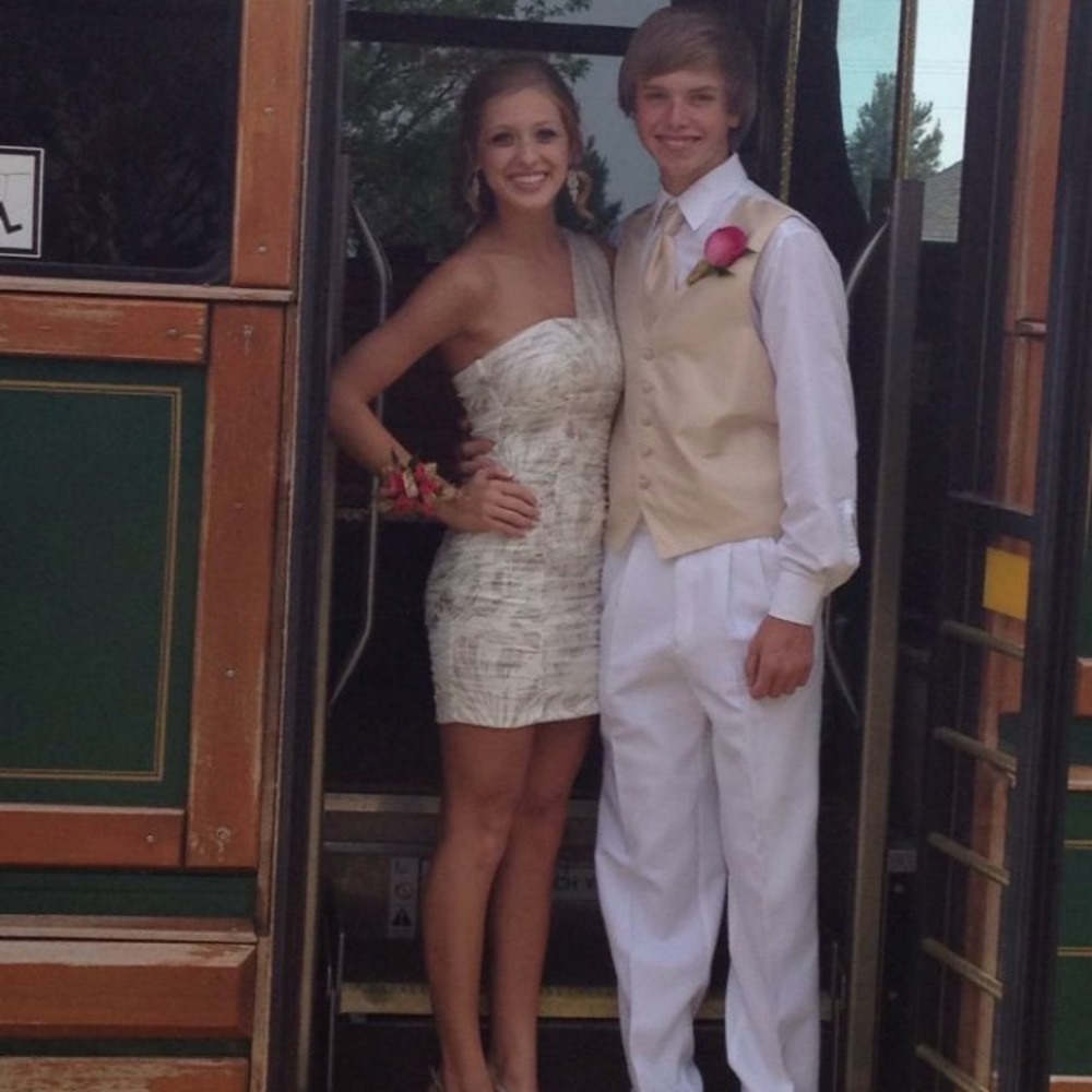 White, short formal dress with gold glitter